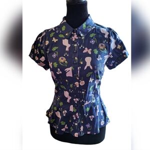 ModCloth X Collectif Peplum Top Blue Button Up Enchanted Meadow UK6 US2